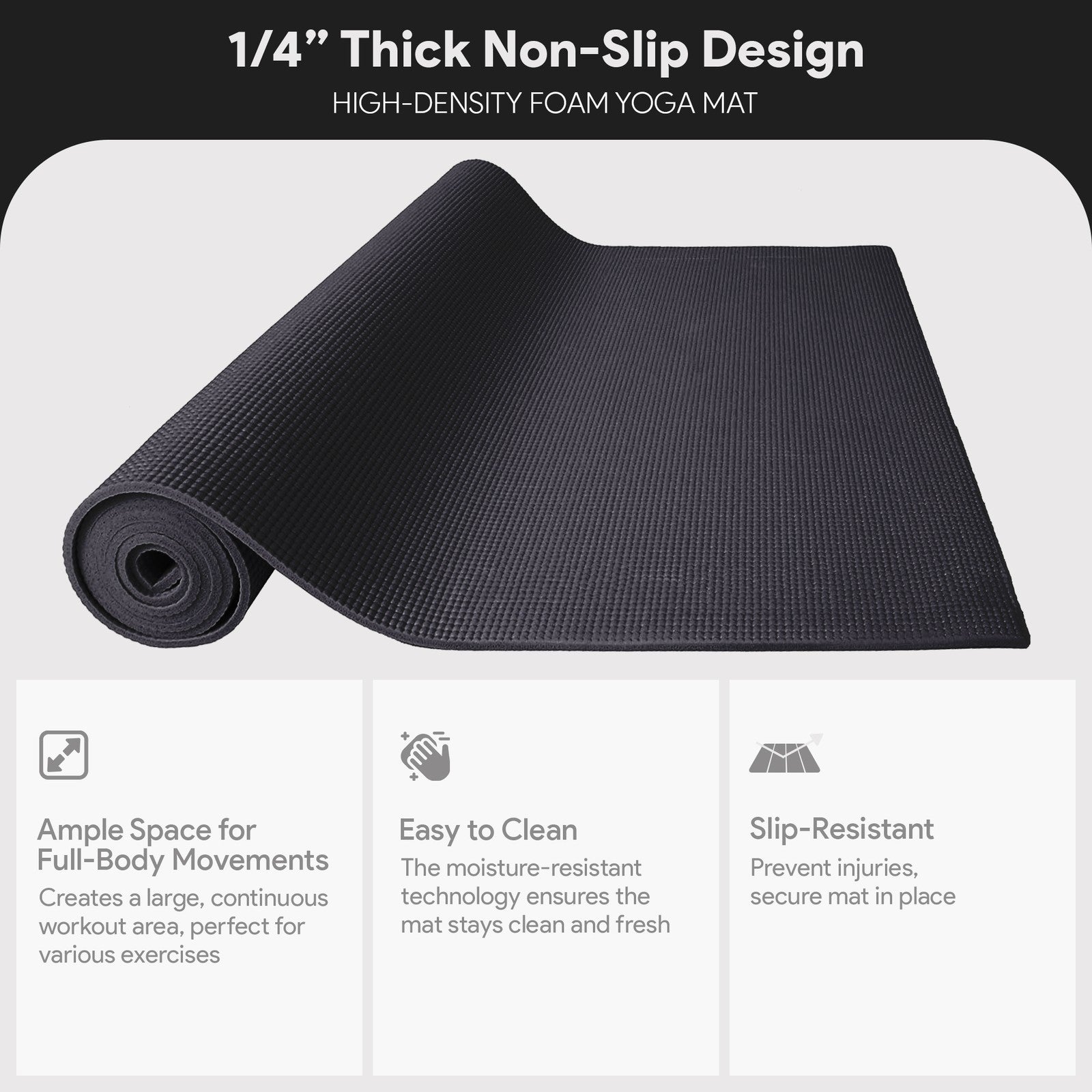 1/4” High Density Thick Non Slip Workout Yoga Mat and Carry Strap, Black