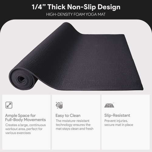 1/4” High Density Thick Non Slip Workout Yoga Mat and Carry Strap, Black